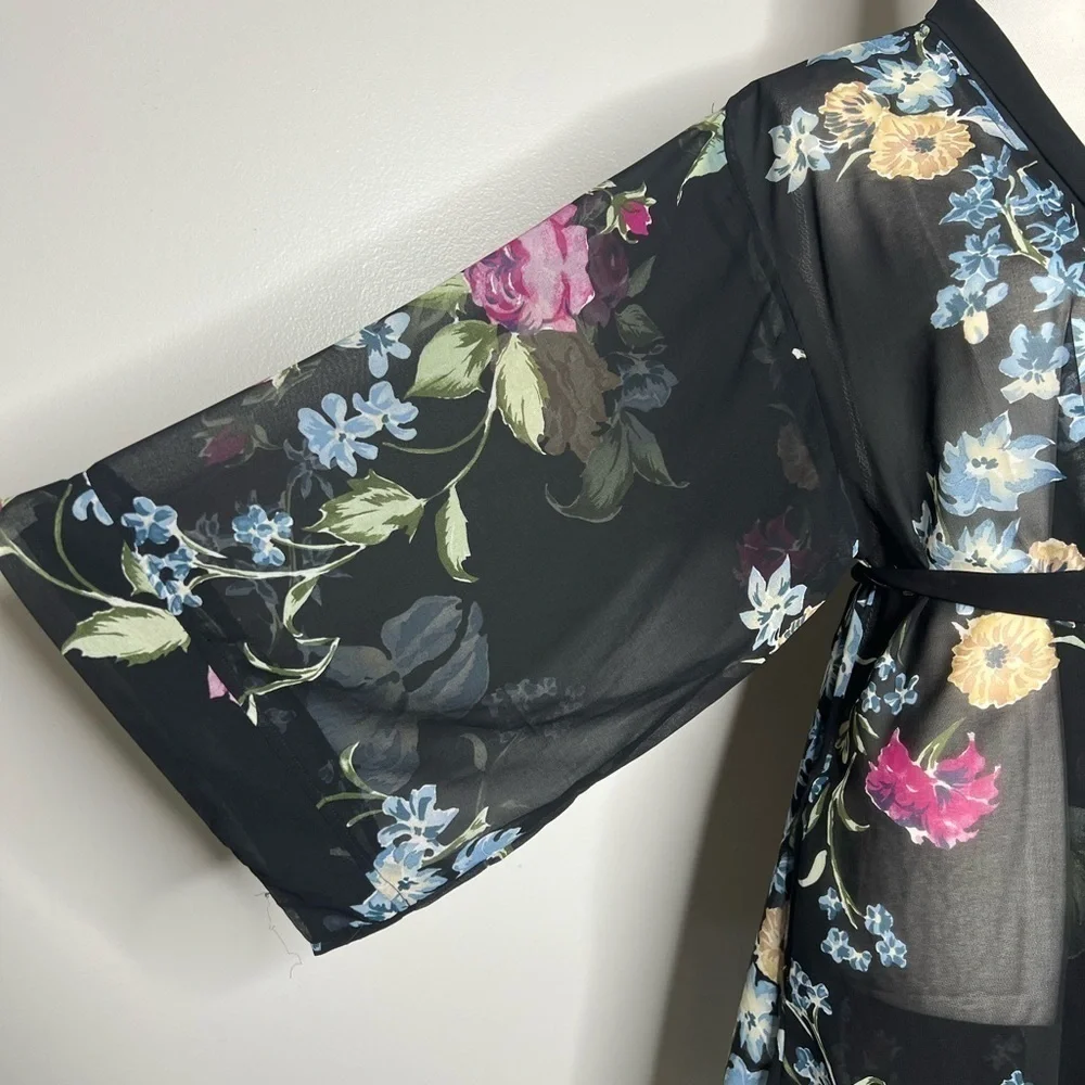 Helena Quinn Georgette Sheer Belted Floral Kimono Bath Robe